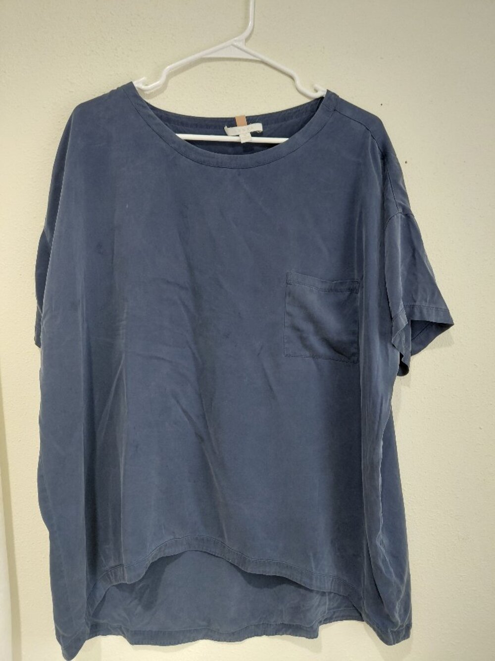 Lunya Silk Navy Blue Short Sleeve Top Blouse Sleep Pajamas Medium Oversized Flaw